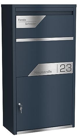 Graviers Design Paketbriefkasten personalisiert freistehend - pulverbeschichteter Stahl mit Edelstahl Namensschild Gravur - Briefkasten Rückholsperre Postbox für Pakete Briefe Paketbox Design 7