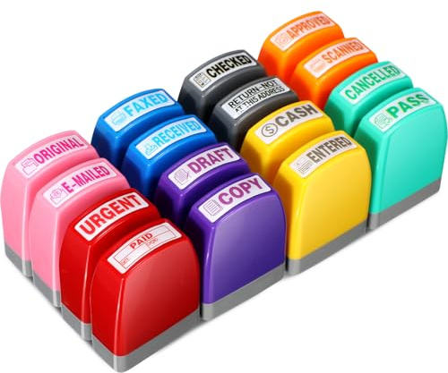 Yeaqee 16 Pcs Self Inking Rubber Stamp Set for Office Approved Paid Copy Faxed Scanned Message Account Business Stamps Paper Work Text Ink Stampers