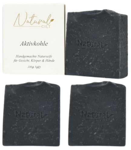 3x Natural Cilt Aktiv Kohle Seife - 100% Naturseife - ohne bedenkliche Inhaltsstoffe - Zertifiziert - Handgemacht - Duschseife für alle Hauttypen - Duschgel - Naturkosmetik