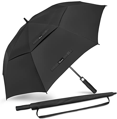 NINEMAX Golf-Regenschirm, 130 cm, automatisches Öffnen, großes Doppeldach, belüftet, übergroße Stockschirme, extra groß, winddicht, wasserdicht, für Regen (schwarz)