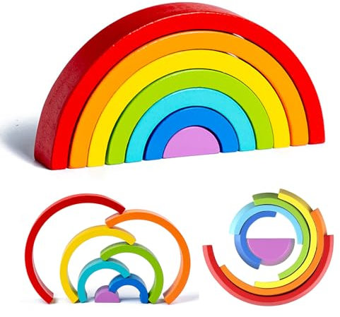 Kiuiom Regenbogen Holz Spielzeug Bausteine - Holz Montessori Regenbogen, Holzregenbogen Stapel, Baby Lernen Spielzeug, Rot