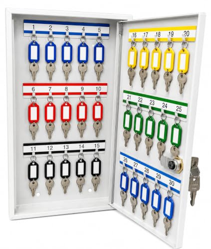 LEOMAR Schlüsselschrank, Schlüsselkasten mit 30 Haken, Schlüsselbox aus Stahlblech, mit Festen Hakenleisten, Organizer zur Wandbefestigung, Abschließbar, mit Montagematerial, 6 x 20 x 32 cm