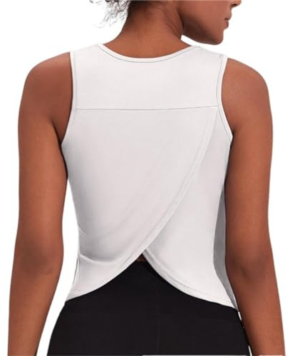 Weardear Dam sport linne ärmlös crop top träning yoga skuren muskel tank öppen rygg skjortor, Vit, XL