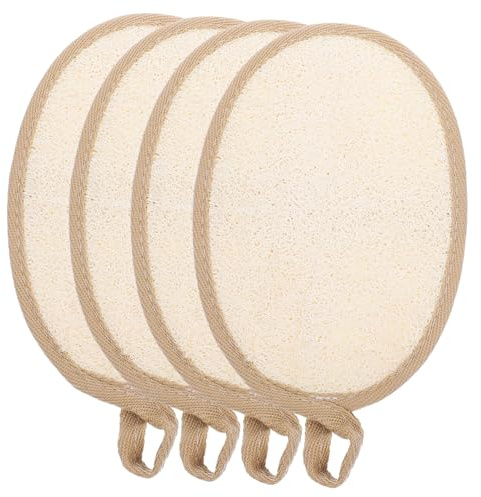 Esponja de Lufa para Ducha Exfoliante Corporal 4 Piezas Khaki | Cordón, Mezcla de Lufa y Tela, Limpieza Cómoda, Exfoliación Delicada y Limpieza Profunda