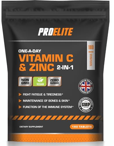 Vitamin C and Zinc 180 Tablets Vegan - Ascorbic Acid with Added Zinc - Maintenance of Normal Immune System - High Strength Vitamin C & zinc Capsule & Powder Alternative by PROELITE