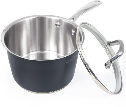 HOMICHEF Casserole en Acier Inoxydable Poli Mat Sans Nickel de 2,37 L Avec Couvercle en Verre (Revêtement Antiadhésif Non Toxique, 18 CM) - Casseroles Nobles en Acier Inoxydable Gris Marine