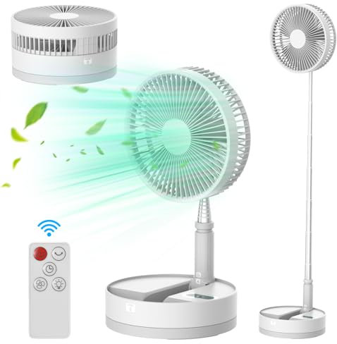 HUIOP collapsible fan,Ventilador de pedestal portátil de 9 pulgadas, batería de 10800 mAh, ventilador de pie oscilante recargable tipo C con luz nocturna LED, control remoto, ventilador telescópico co