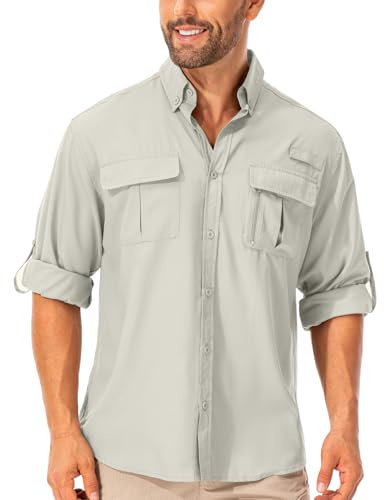 mosingle Men's Long Sleeve Hiking Shirt, Sun UV Protection Safari Fishing Outdoor Shirt Quick Drying Lightweight Walking Travel Shirts #5053-Light Khaki-M