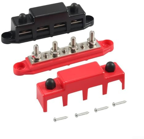 Besttoolifes 12V-48V Bus Bar Power Distribution Block, 4x M8 Terminal Studs, 250A, Black & Red, Panel Mount, Polycarbonate Cover, For Cars, RVs, Boats, Solar