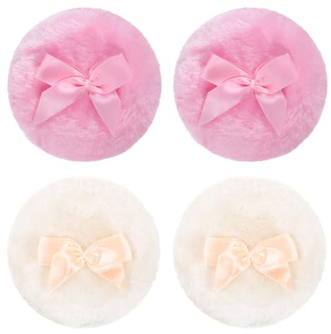 TIESOME 4 Pcs Large Powder Puff, 3.2 Inch Round Pink & Beige Large Soft Washable Fluffy Powder Puff Reusable Dusting Makeup Puffs for Wet Dry Makeup Face Body