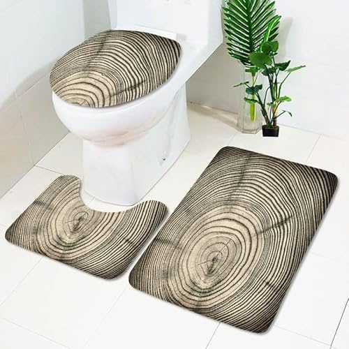 Bad Teppiche Set Grauer Beige Baum Badezimmerteppich Waschbar WC Vorleger mit Ausschnitt und WC Deckelbezug 3 Teilig Badematte rutschfest Toilettensitzbezug Badgarnitur 45x75 cm