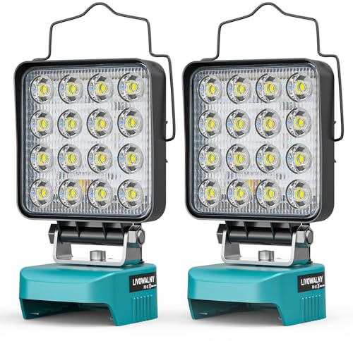 LIVOWALNY Lot de 2 Lampe LED Rechargeable compatible avec Makita 18V Batterie: 48W Projecteur LED Chantier à Double Interrupteur avec Type C/USB Lampe Travail Pour Camping, Chantier(Outils Uniquement)