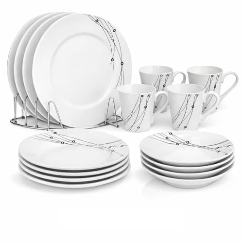 Housetronics 16-Piece Round Porcelain Dinner Set for 4– 4 Dinner Plates and Bowls Set with 4 Side Plates & Mugs, Dishwasher Safe, Highly Resistant Dinnerware, Kitchen & Dining (Black Pattern)