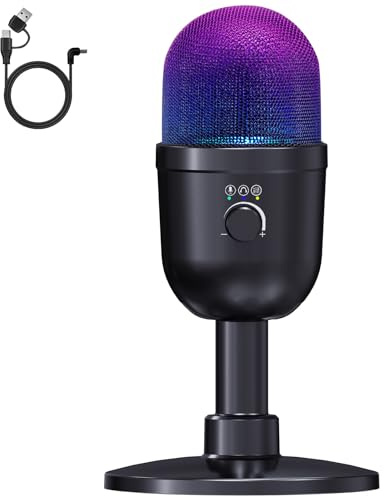 LRUFOB USB-Mikrofon für PC, PS4, PS5 und Mac, Kondensator-Computer-Mikrofon mit Schnellstummschaltung, 192 kHz/24 Bit, 8 RGB, Hi-Fi, tiefe Rauschunterdrückung, 16 mm Mikrofonkopf, Gaming-Mikrofon mit