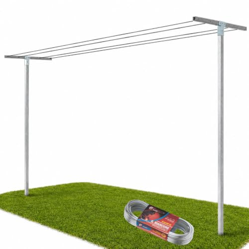 Andrys Stendibiancheria Smontabile Filo 20m, Pali Quadri (Argento) | Staffe per Stendere i Panni Esterno, Altezza 220cm, Da Cementare, Acciaio Zincato a Freddo