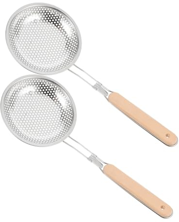 BIUDECO 2 piezas Colador de Pasta y Espumadera de Acero Inoxidable Grueso con Mango de Madera Malla Fina para Filtrar Aceite y Sopa para Cocina Duradera y Fácil Limpieza
