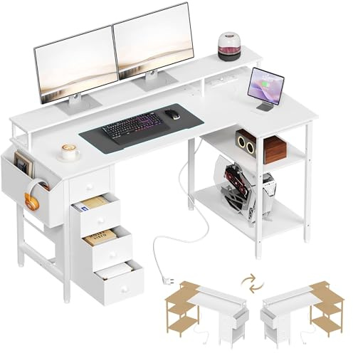 Yaheetech Corner Gaming Desk with Drawers, 140x70cm L Shaped Computer Desk with Power Outlets, Office Desk with Raised Monitor Stand, Reversible Storage Shelves for Home Office, White