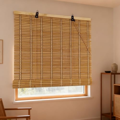 Retro Sonnenschutz Bambusrollo - Anpassbar Sichtschutz Lichtfilter-Rollo für Innen - Handgewebt Wetterfest Aussen Balkon Rollo - Anti-UV Jalousine Mit Lifter - für Terrasse/Garten/Küche