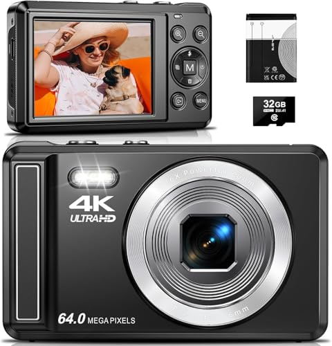 Fotocamera digitale 4 K 64 MP, fotocamera UHD autofocus da 2,8 pollici, scheda 32 GB e batteria, 16 X zoom digitale ricaricabile, fotocamera compatta portatile con per bambini principianti e