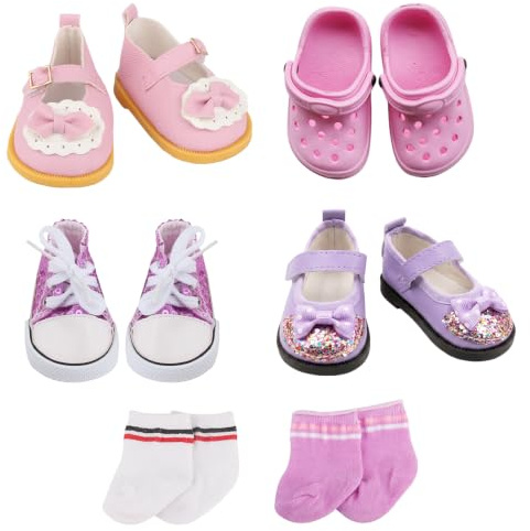 4 Doll Shoes + Socks for 35–45 cm Dolls, Baby Doll Accessories Includes Canvas Shoes, Purple Sequinned Leather Shoes, Bow-adorned Shoes, and Sandals—Doll Clothes Accessories Gift for Girls