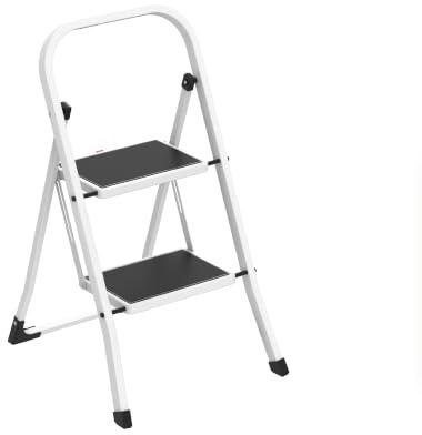 Amig Escalera Plegable 2 Peldaños Acero Blanca 82x52x42 cm | Pestaña para plegado fácil. Resistente y con peldaños antideslizantes. Facilita el acceso a zonas elevadas.