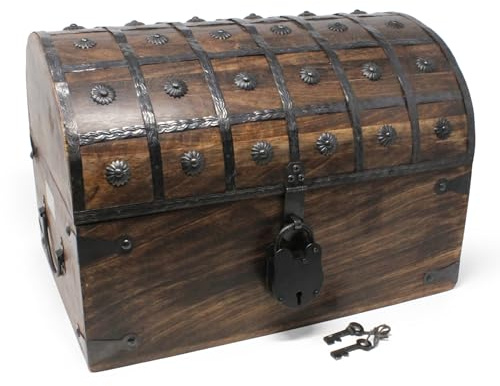 Nautical Cove Handmade Pirate Treasure Chest for Kids Prizes & Classroom with Lock and Skeleton Keys – Lockable Wooden Storage Chest Box, Pirate Decor, Decorative Wooden Box - X-Large 16x11x10.5