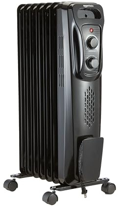 Amazon Basics Portable Oil Radiator Heater, Indoor Use, 3 Heat Settings, Over-Heat Protection, ETL-certified Safety, 7 Oil-Filled Steel Fins, 1500W, Tip-Over Protection, 11D x 14.8W x 25.2H, Black