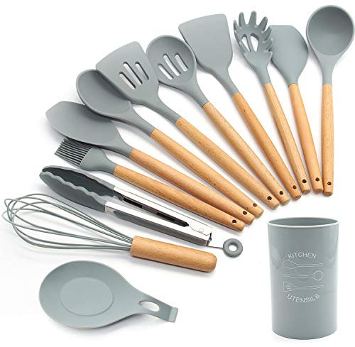 FXY Silicone Kitchen Utensils Set,13 Pcs Wooden Handles Spatula Set,Cooking Utensils for Non Stick Pans,Silicone Spatulas for Cooking Kitchen Gadgets Tools (Grey)