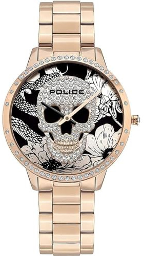 Police Damenuhr Quarz Edelstahl Rosegold mit Glassteinen 36mm, Ziffernblatt Schwarz-Weiß, Wasserdicht 3 bar, PL16067MSR.02M
