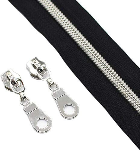 Endlos Reißverschluss Kunststoff Spiral 5-6mm (schwarz / Spiral-Silber, 10 Meter + 25 Zipper)