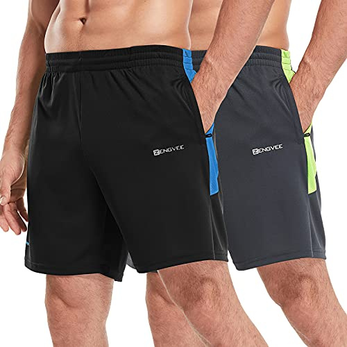 ZENGVEE 2 Pack Men's Running Shorts Gym Exercise Shorts Men Quick Dry with Zip Pockets for Workout Sport Training(20515-Black Grey-L)