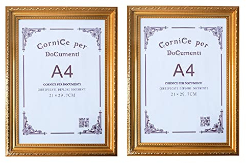 GUTEINTE Cornice per Foto A4 da Parete con Vetro in Plexiglass, Cornice per Documenti/Certificato Foto 21 x 29.7 cm, Motivo del bordo in Rilievo, 2 Pezzi (Oro bronzo)
