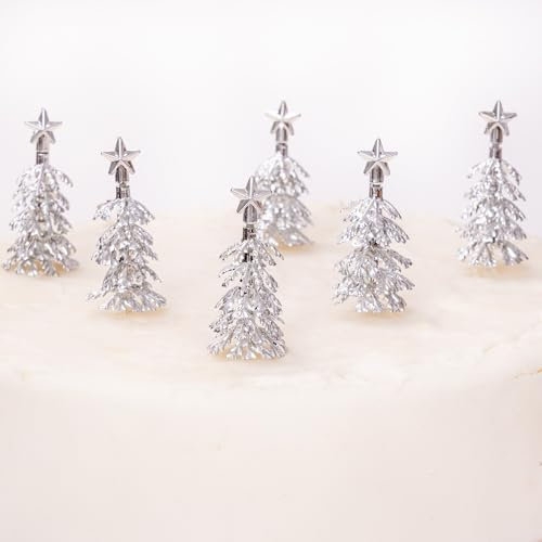 Christmas cake topper Silver gold tree xmas Decoration Yule Log Cupcake Toppers Fir Trees Pack of 6 (Silver)