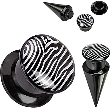 Taffstyle Piercing Ohrpiercing 2 in 1 Flesh Schraub Plug plus Dehnungsstab Dehnstab Taper Expander Ohr Stab Schwarz Zebra 8mm