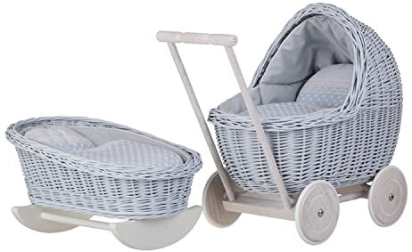 e-wicker24 Alles aus Weide Puppenwagen und Puppenwiege mit Bettwäsche perfekte Geschenkidee Korbpuppenwagen schöner Spielzeug aus Korbgeflecht Korbwiege für Puppen Spielzeug für Mädchen (Baby Blue)