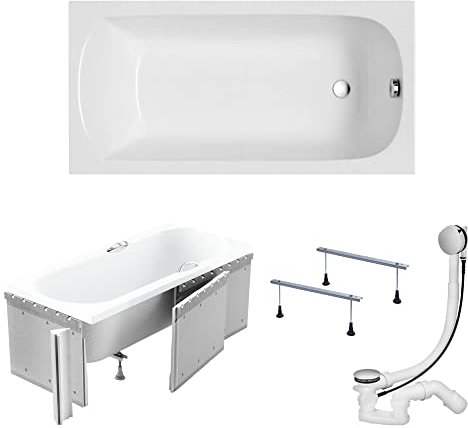KOLMAN Badewanne CLASSIC Rechteck 160x70 mit Styroporverkleidung, Ablaufgarnitur und Füßen Komplettset 4in1 Premium Original Acryl Wanne Siphon