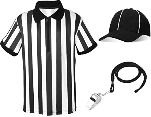 Shihanee Halloween Kids Referee Costume Set White Black Stripe Umpire Jersey Overturned Collar Referee Shirt Stainless Steel Whistle with Lanyard Hat for Basketball Football Soccer(Small)