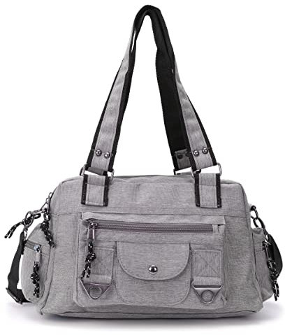 irisaa Schultertasche Damen, Canvas Multifunkionale Umhängetasche, Casual Handtasche mit vielen fächern für Schule Shopping Arbeit, Unisex, DKB Farbe:Hell Grau