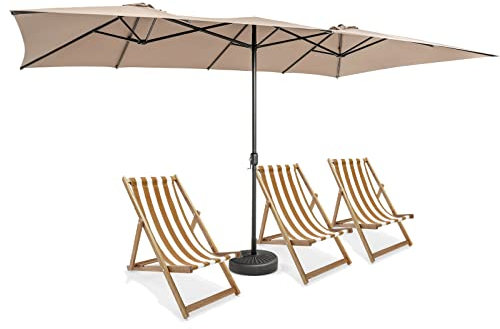 GOPLUS Parapluie Double Jardin Exterieur 4,3X2,6M Tissu, 10 Nervures, Protection Solaire, Terrasse Marche Fete Plage, Base Non Incluse (Brun)
