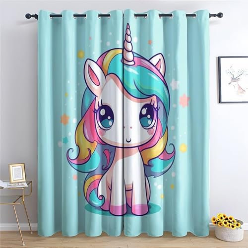 QEODAH Vorhänge Einhorn Kinder Vorhang Blickdicht Ösenvorhang Verdunklungsvorhänge Gardinen Wohnzimmer Schlafzimmer Kinderzimmer Fenster Deko Blackout Curtain 2er Set H 137 x B 117 cm