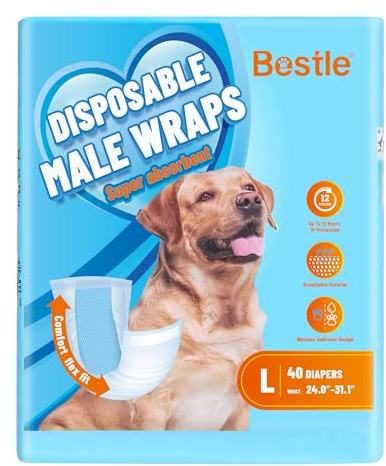 Bestle Male Dog Wrap, Disposable Dog Diapers, 40 Count, L (Waist 23.6”-31.5”), Wetness Indicator, Ultra Protection, Leak Proof, Super Absorbent, Soft