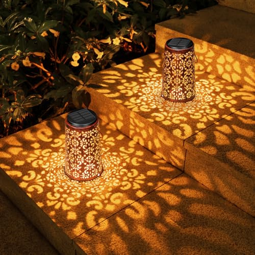 Farolillos Solares Exterior, Moman 2 Pcs Linterna Solar Exterior Jardin Decorativo Colgantes con Luz Fría/Cálida Lámparas Solares 1600mAh Impermeable IP55(Retro), Farolillo-Solar-Exterior-Jardín-Luz
