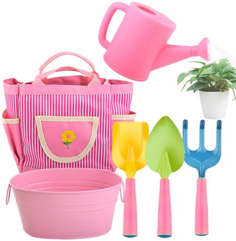 AALLYN Gartenset für Kinder,Gartenset für Kleinkinder | 6 Gartengeräte für Kinder, Wasserkanister, Schaufeln, Rechen, Blumentopf, Tragetasche - Lustiges Gartenspielzeug für den Außenbereich,