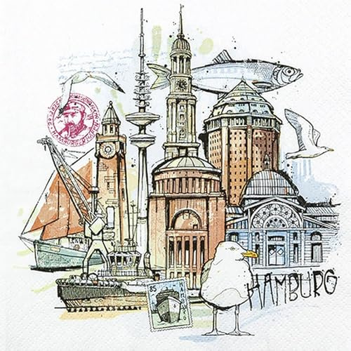 20 Servietten Städte Hamburg grafisch als Tischdeko. Papierservietten mit Motiv. Auch für Decoupage und Serviettentechnik 33x33cm