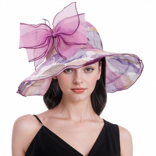 MK MATT KEELY Sonnenhut Damen Faltbarer Frauenorganza Hut Elegant Kirche Derby Fascinator mit Abnehmbarem Bowknot für Urlaub Hochzeit Kirche Party,A-Lila