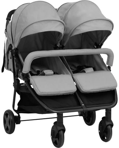 Passeggino gemellare pieghevole per 2 bambini, passeggino gemellare accanto all'altro, passeggino per fratelli compatto, pieghevole, grigio chiaro e nero in acciaio