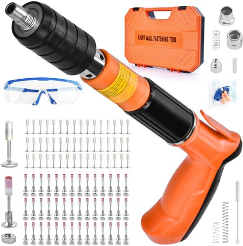 Nail Gun Nagelpistole mit 130 Stück Nagel,65 Stück Rundnägel,65 Stück M8-Gewindenägel,Stahlnagelpistole Werkzeug zum Nageln mit Handschuhen Schlüssel für Brillen Ohrstöpsel