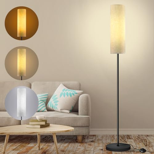 Yicenscoltd Lampada da Terra per Soggiorno con Lampadina E27 12W, LED Dimmerabile con 3 Temperature di Colore, Paralume in Lino, Interruttore a Pedale, Adatta per Camera da Letto, Lettura