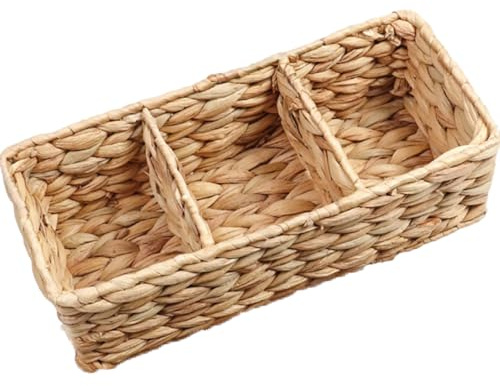 Serviettenhalter aus Wasserhyazinthe, Rattan-Serviettenhalter für Tische, 3 Abschnitte, dekoratives Weiden-Serviettentablett für Küche, Bad, Wohnzimmer (Größe 36 x 14,5 x 10 cm)