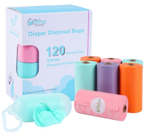 Diaper Bags Disposable for Baby, 8 Refill Rolls/120 Bags Dirty Disposable Diaper Bags with Dispenser, Convenient and Quick Diaper Disposal, Poop Bags,Rainbow